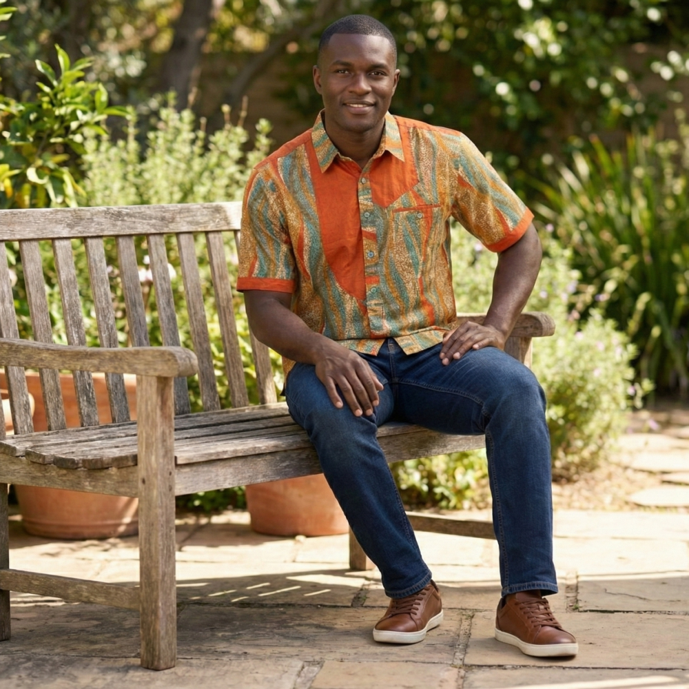 Men's Short Sleeve African Print Shirt - Orange & Teal Tribal Wave